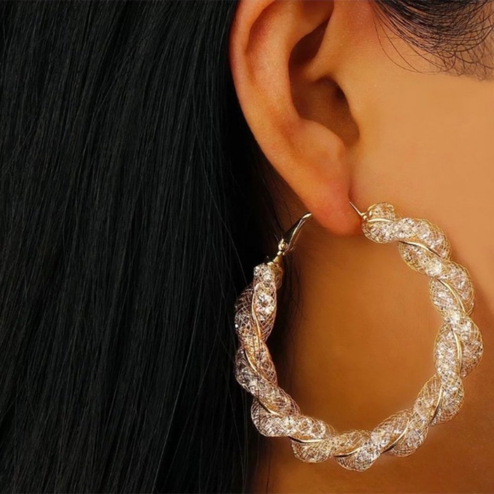 NEW 2'' Gold Braided 3D Diamond Hoop Earrings - Picture 2 of 4